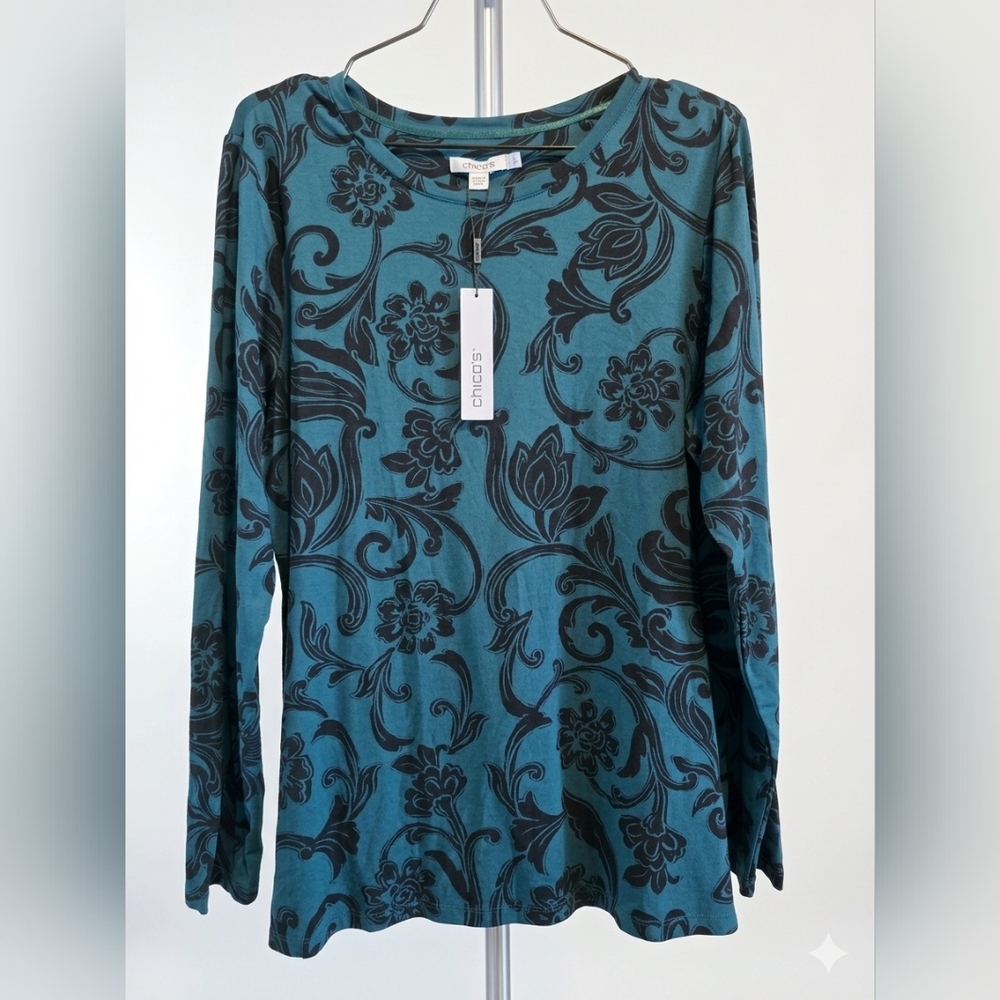 Chico's Teal Floral-Scroll Long Sleeve Crewneck